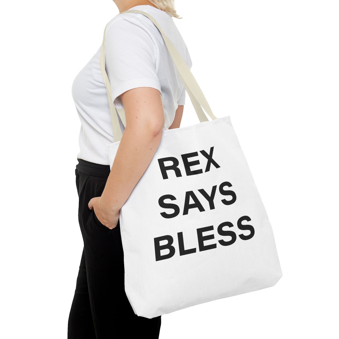 REX SAYS BLESS - Tote Bag - WHITE - CHOOSE HANDLE COLOR AND SIZE