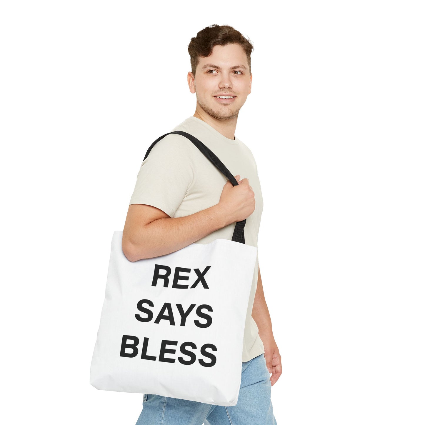 REX SAYS BLESS - Tote Bag - WHITE - CHOOSE HANDLE COLOR AND SIZE