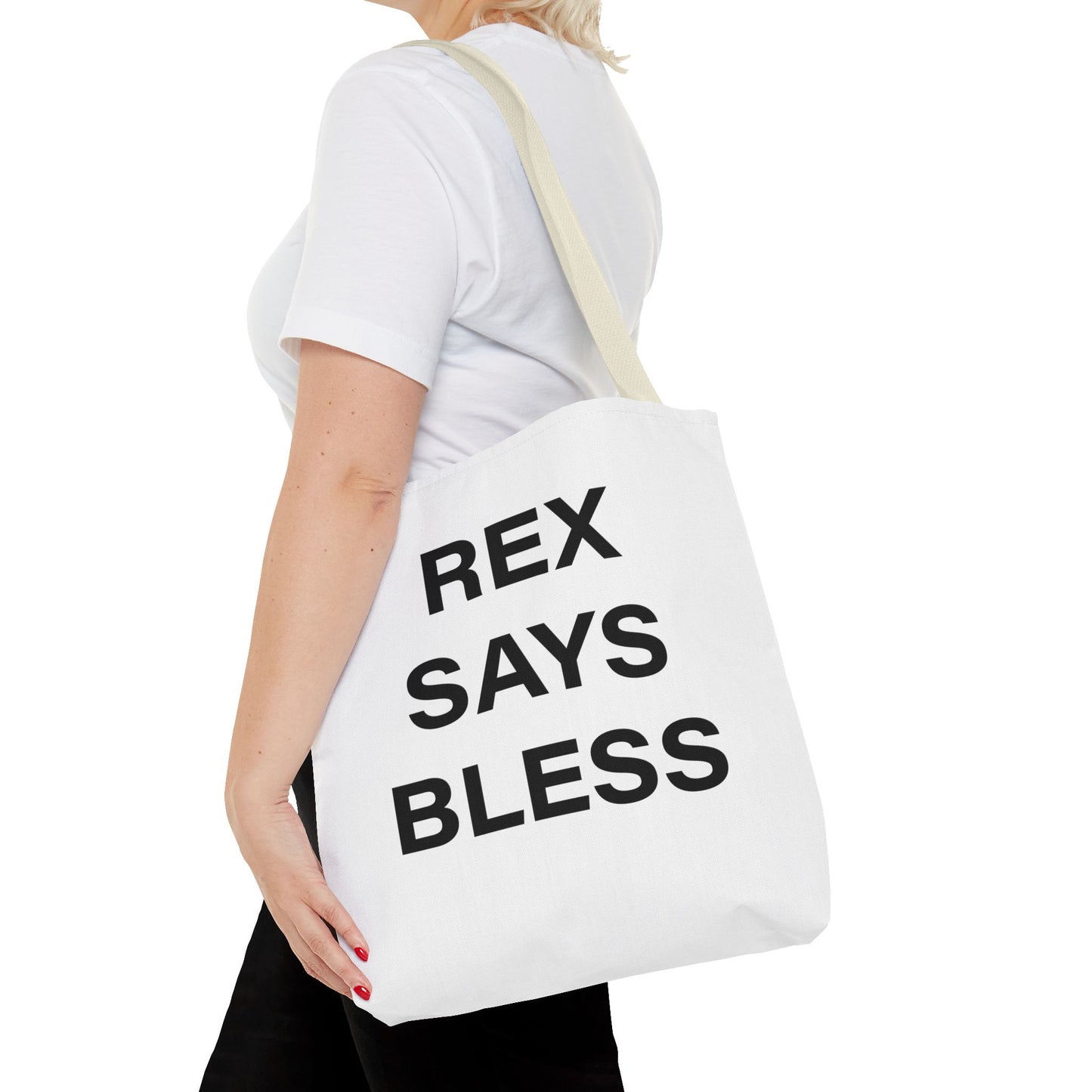 REX SAYS BLESS - Tote Bag - WHITE - CHOOSE HANDLE COLOR AND SIZE