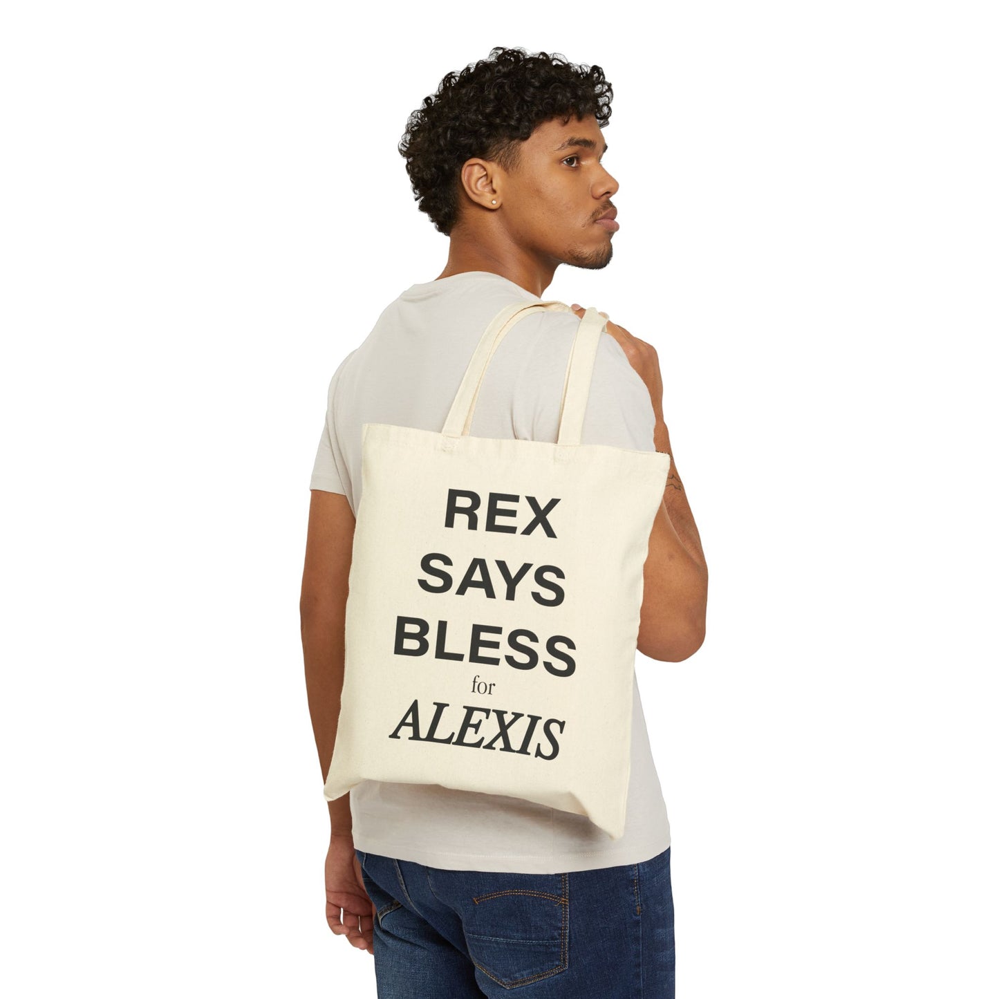 rex says bless for alexis - Cotton Canvas Tote Bag - Natural canvas and Black colors