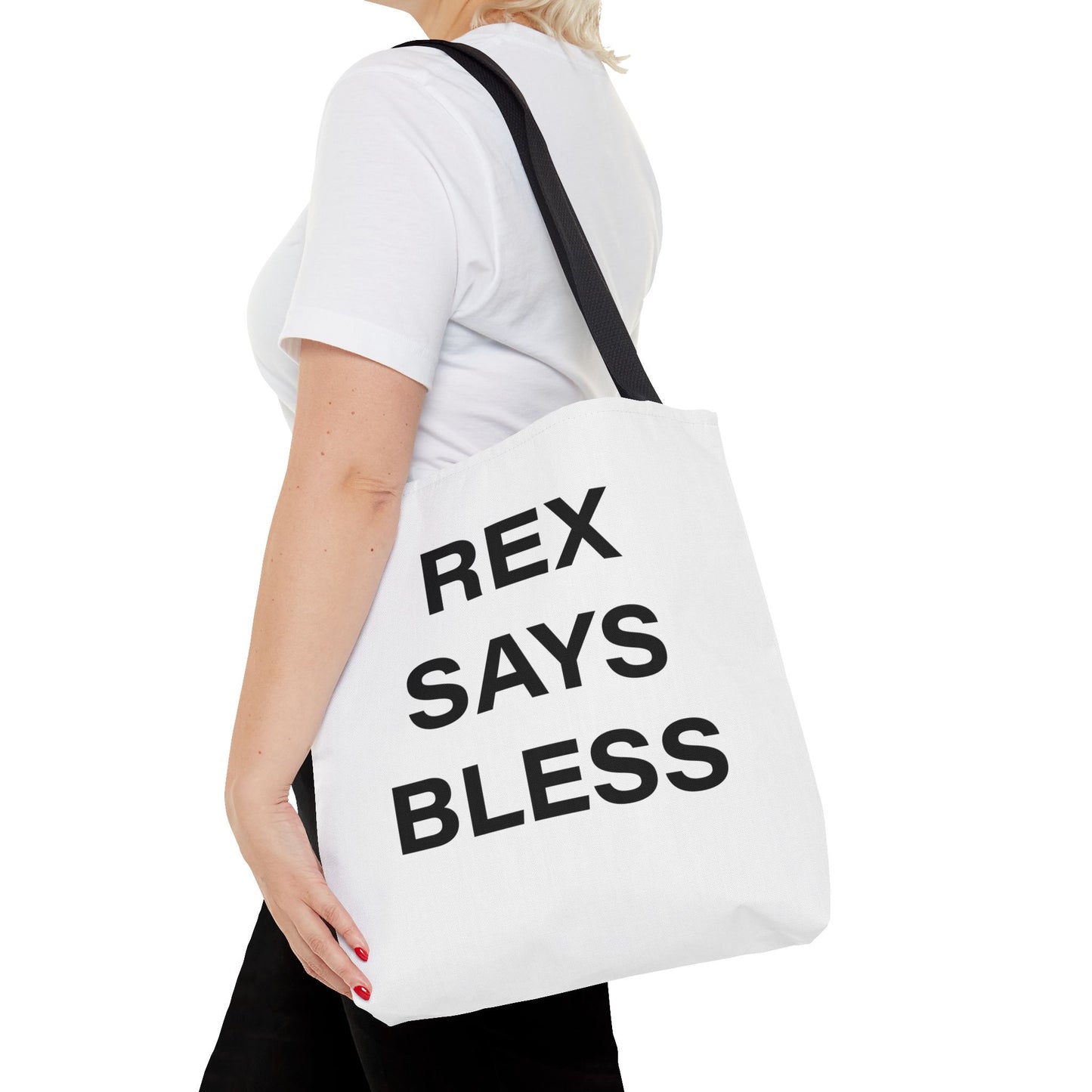 REX SAYS BLESS - Tote Bag - WHITE - CHOOSE HANDLE COLOR AND SIZE