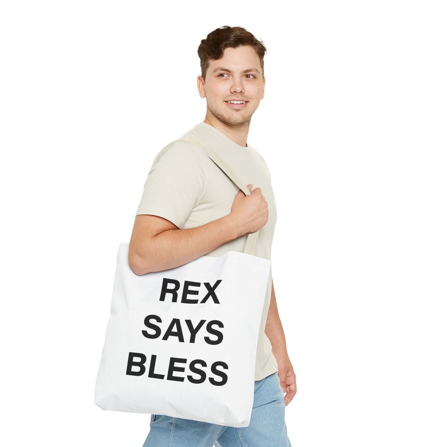 REX SAYS BLESS - Tote Bag - WHITE - CHOOSE HANDLE COLOR AND SIZE