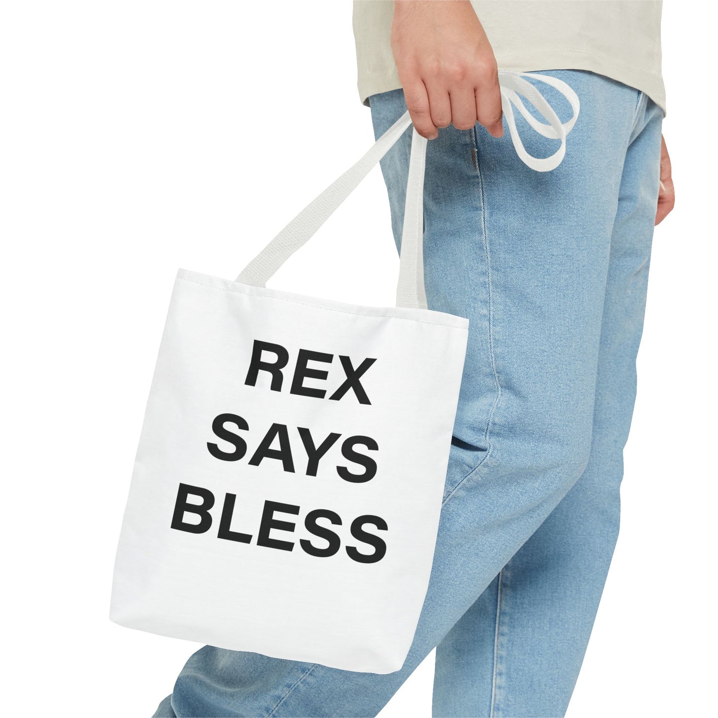 REX SAYS BLESS - Tote Bag - WHITE - CHOOSE HANDLE COLOR AND SIZE