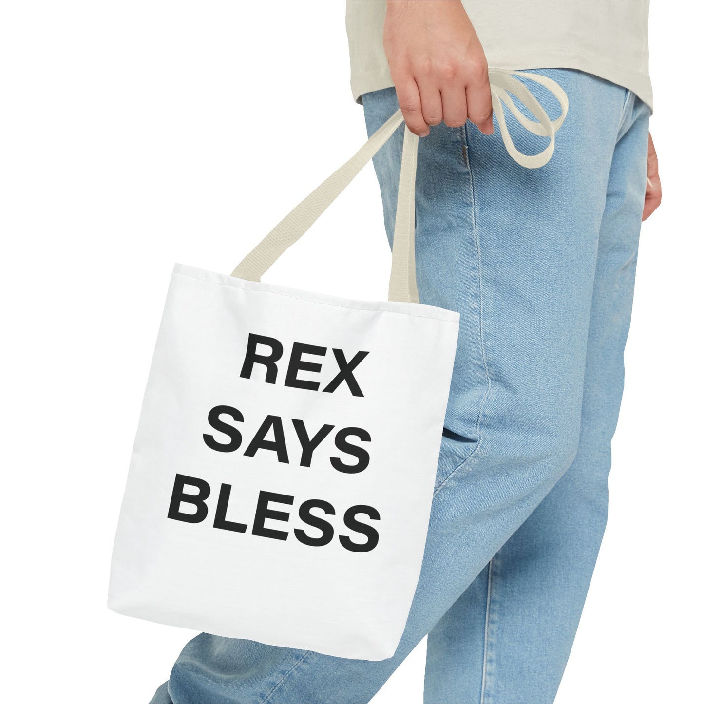 REX SAYS BLESS - Tote Bag - WHITE - CHOOSE HANDLE COLOR AND SIZE