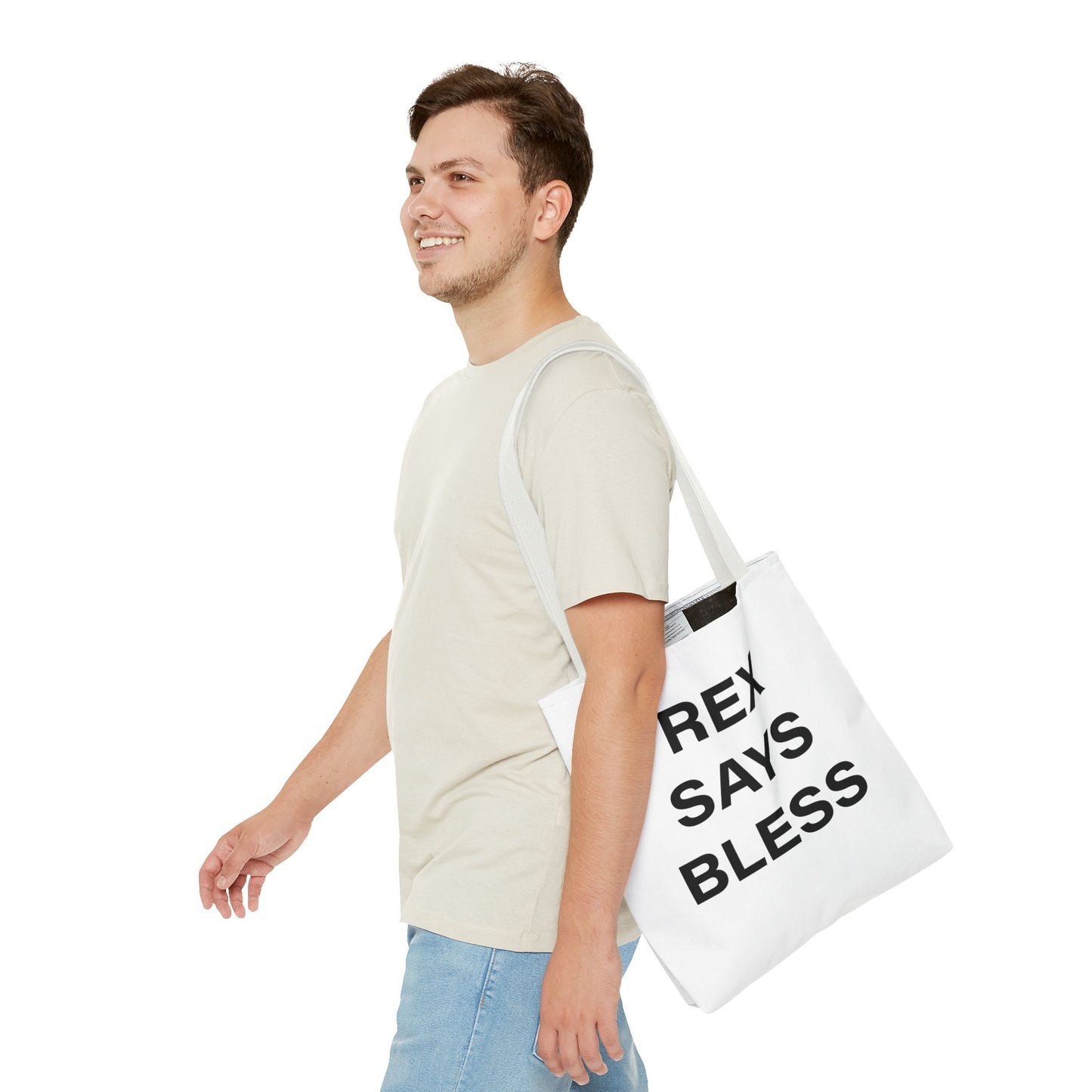 REX SAYS BLESS - Tote Bag - WHITE - CHOOSE HANDLE COLOR AND SIZE