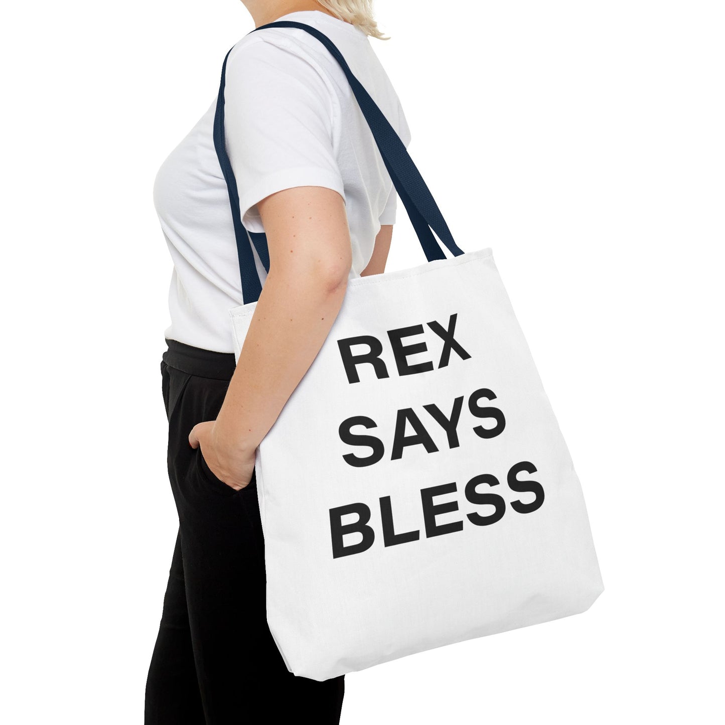 REX SAYS BLESS - Tote Bag - WHITE - CHOOSE HANDLE COLOR AND SIZE