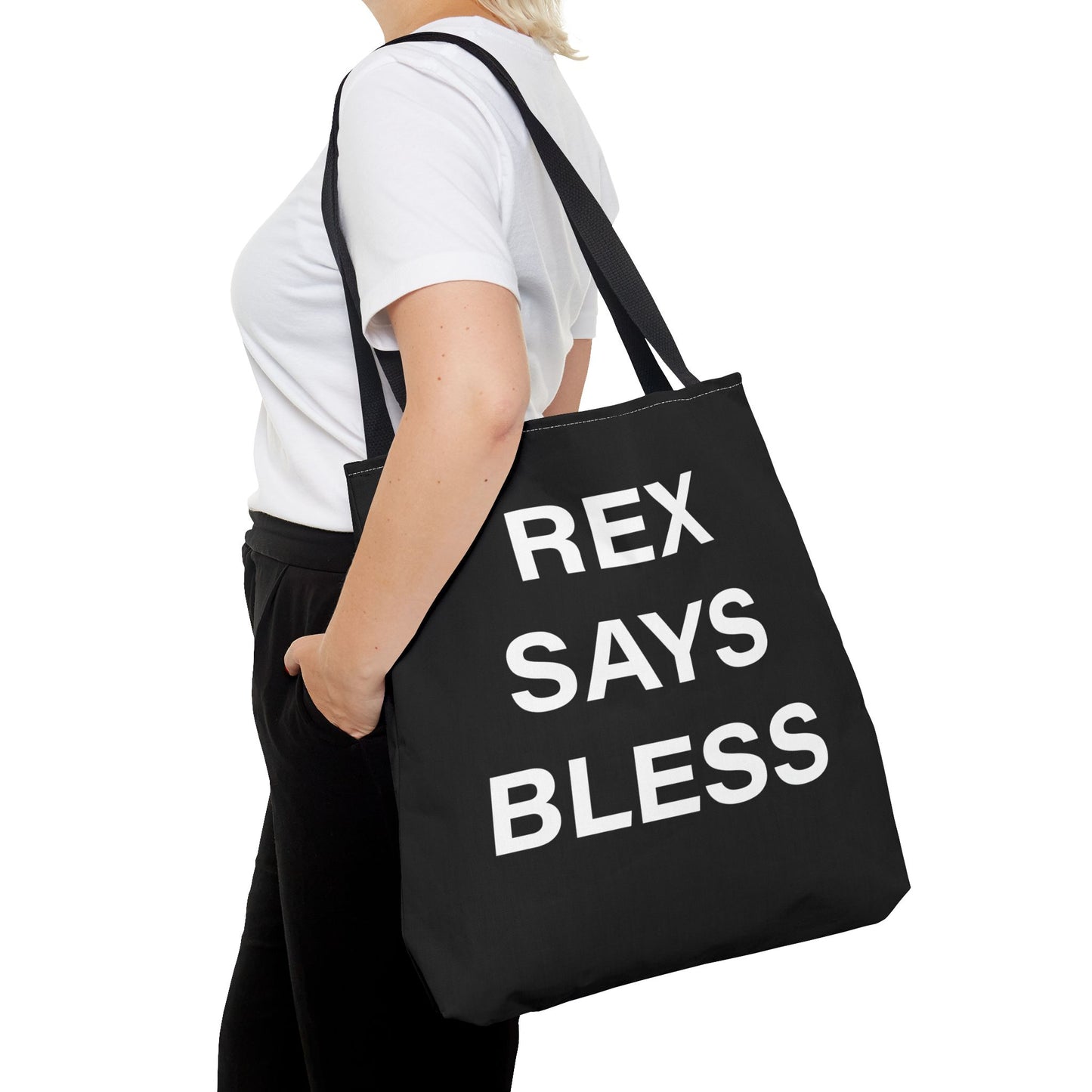 REX SAYS BLESS - Tote Bag - BLACK - CHOOSE HANDLE COLOR AND SIZE
