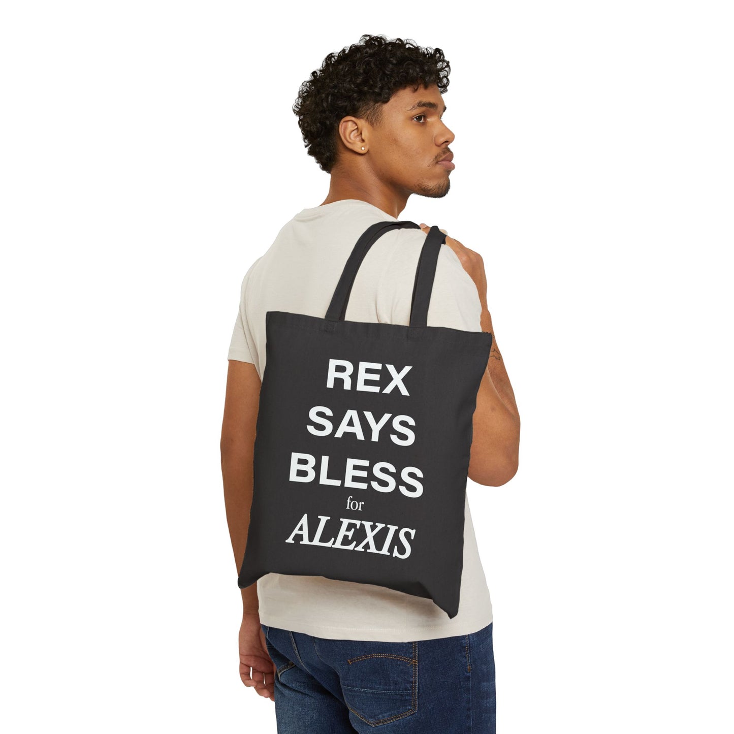rex says bless for alexis - Cotton Canvas Tote Bag - Natural canvas and Black colors