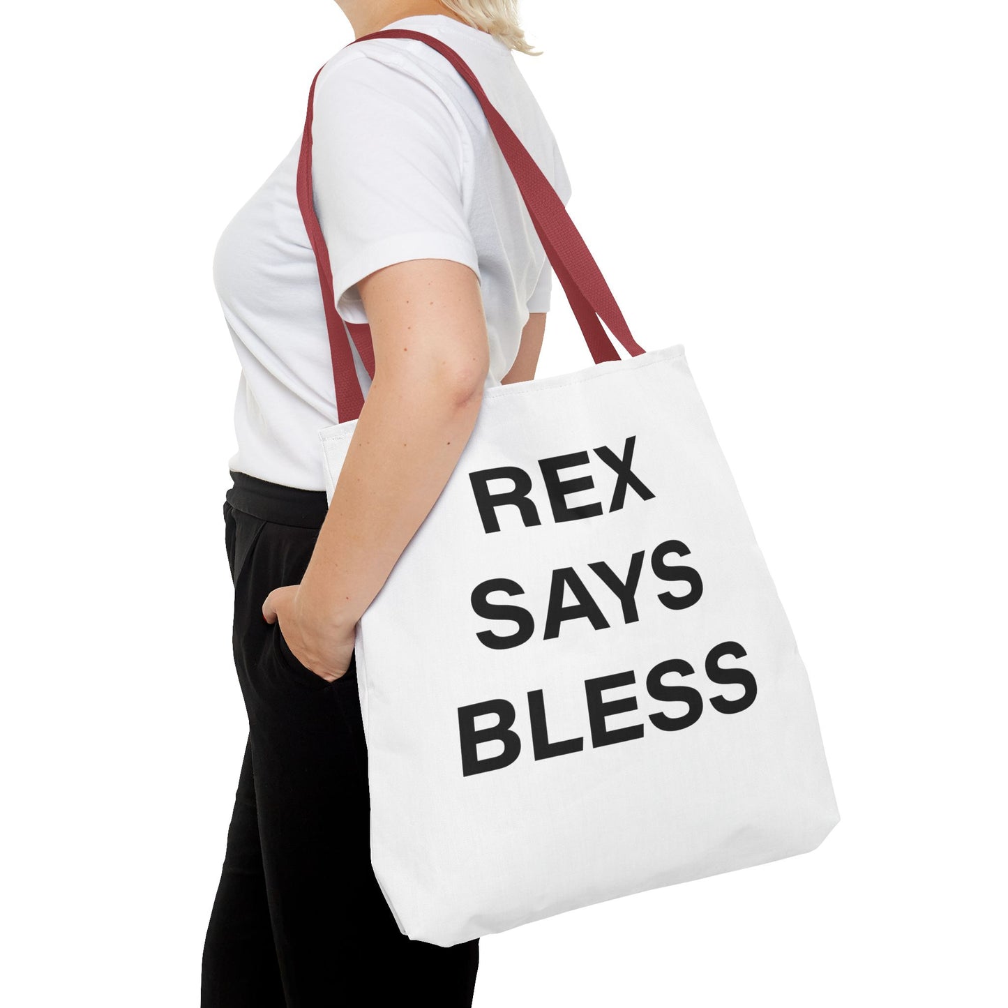 REX SAYS BLESS - Tote Bag - WHITE - CHOOSE HANDLE COLOR AND SIZE