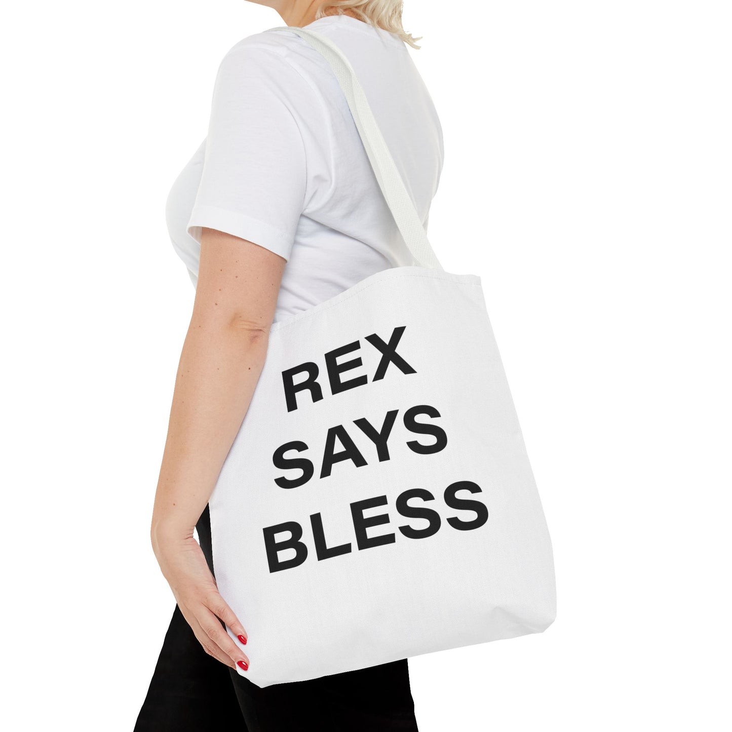 REX SAYS BLESS - Tote Bag - WHITE - CHOOSE HANDLE COLOR AND SIZE