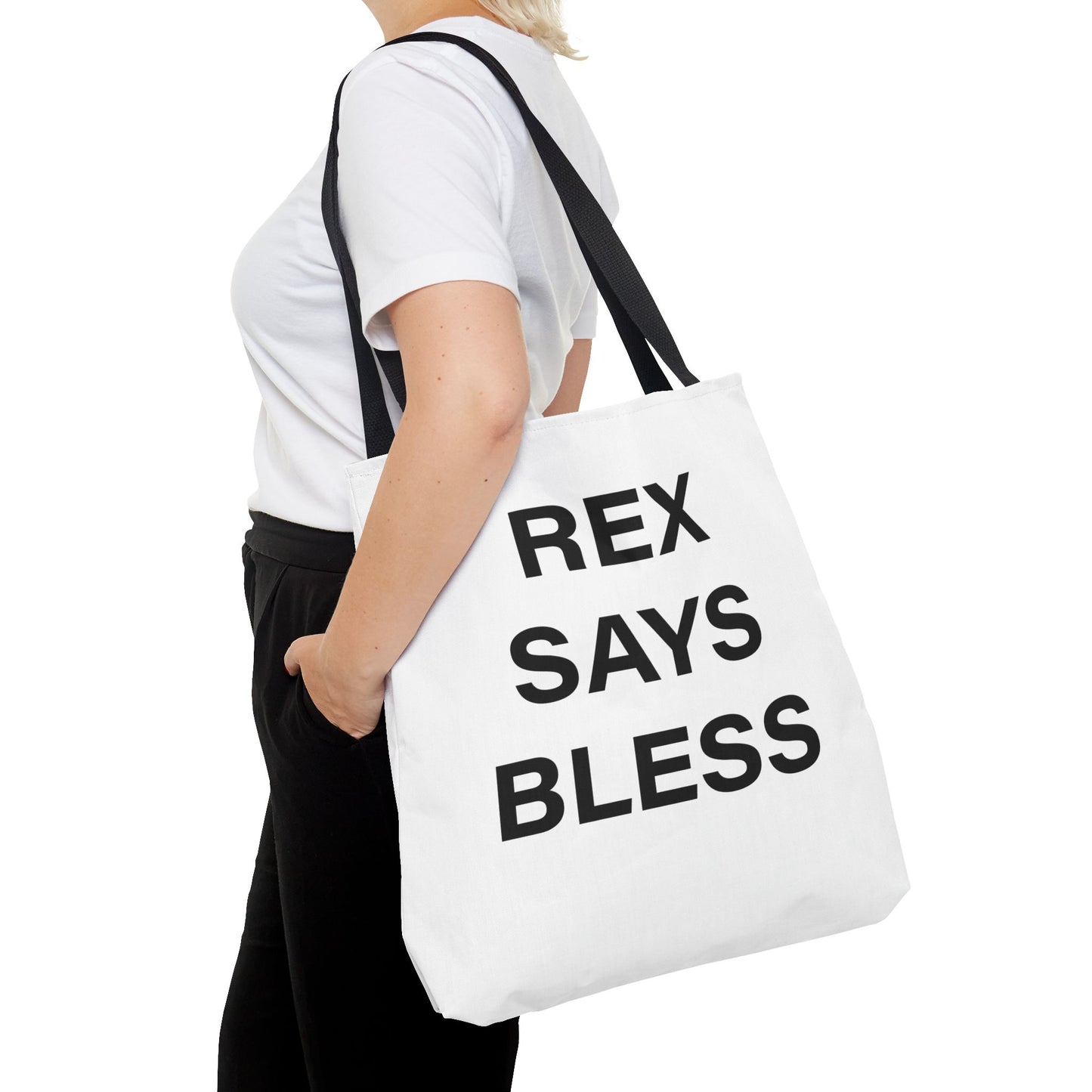 REX SAYS BLESS - Tote Bag - WHITE - CHOOSE HANDLE COLOR AND SIZE